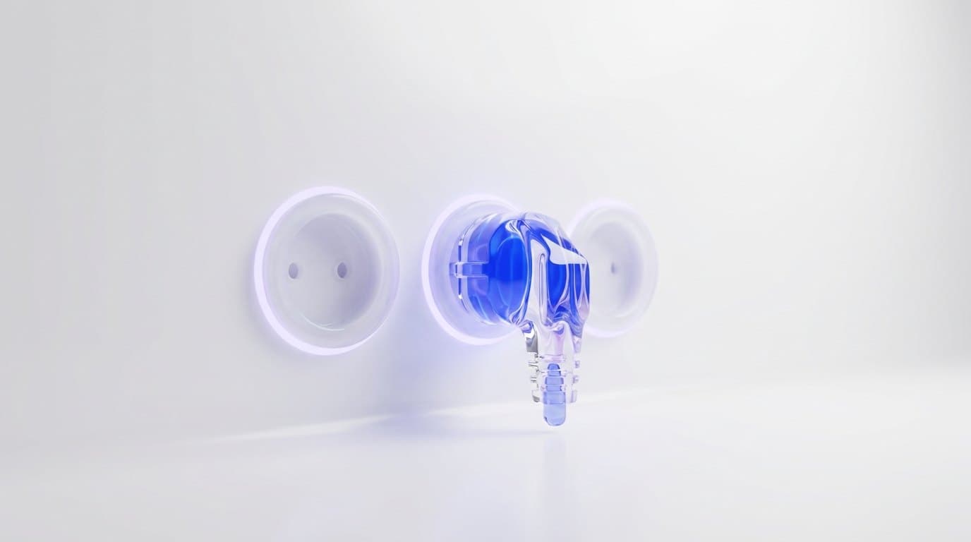 A cobalt blue universal plug connecting to three frosted glass sockets on a white studio surface