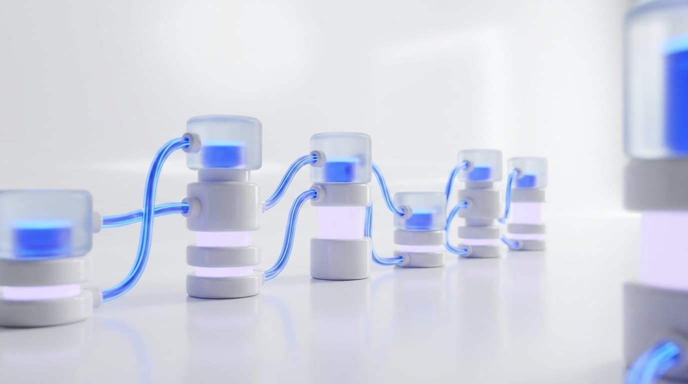 Frosted glass nodes connected by glowing electric blue cables forming a left-to-right workflow on a white surface
