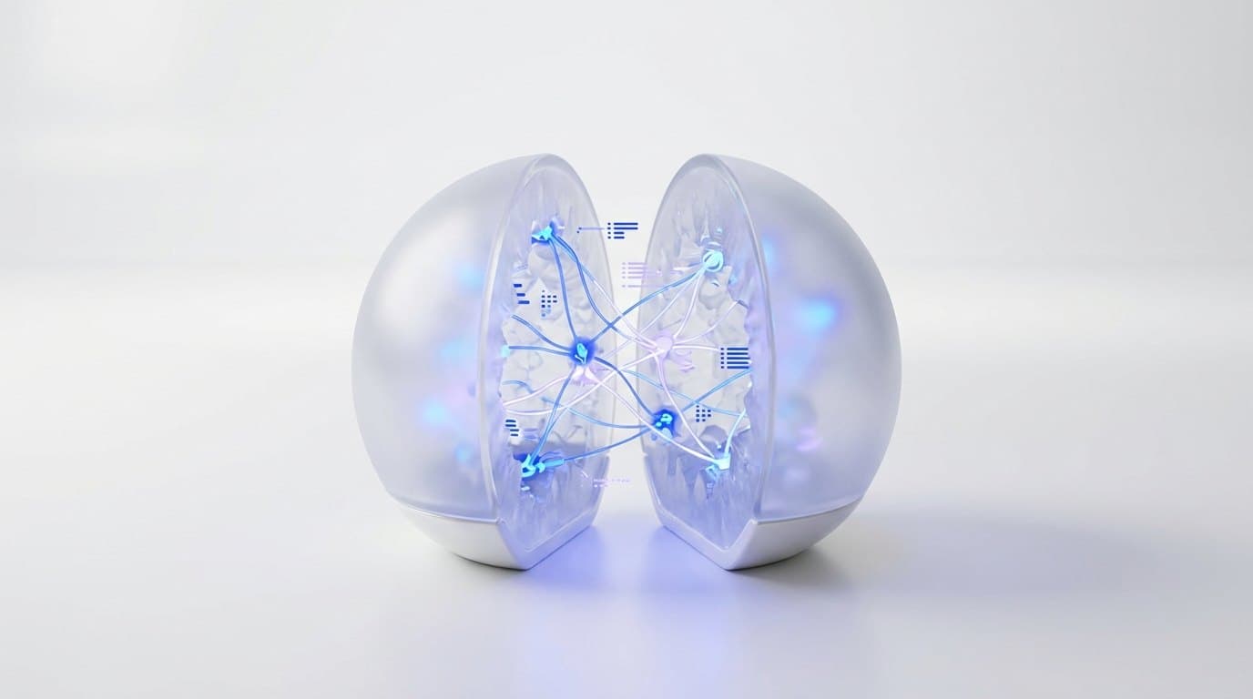 A polished frosted glass crystal split open to reveal a glowing electric blue network of connected notes