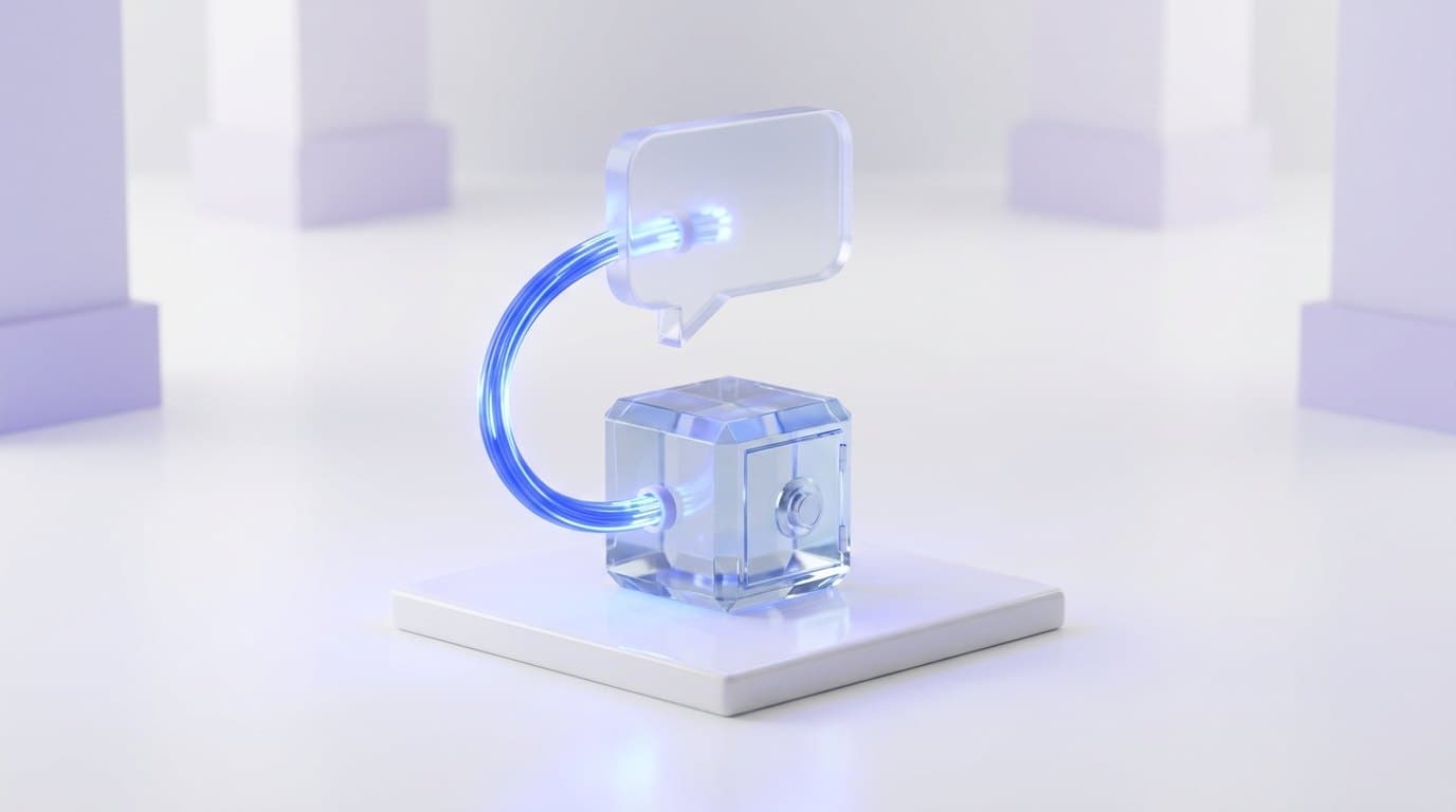 A faceted glass crystal vault receiving a cable of electric blue light from a floating frosted glass chat bubble