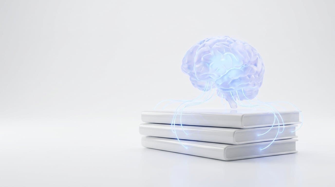 A translucent glass brain resting on a stack of white notebooks, linked to them by fine electric blue lines
