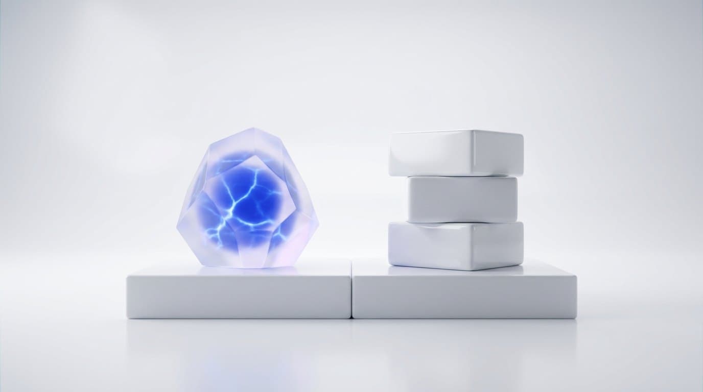 A faceted frosted glass stone veined with electric blue light facing a clean stack of white blocks on a split white stage