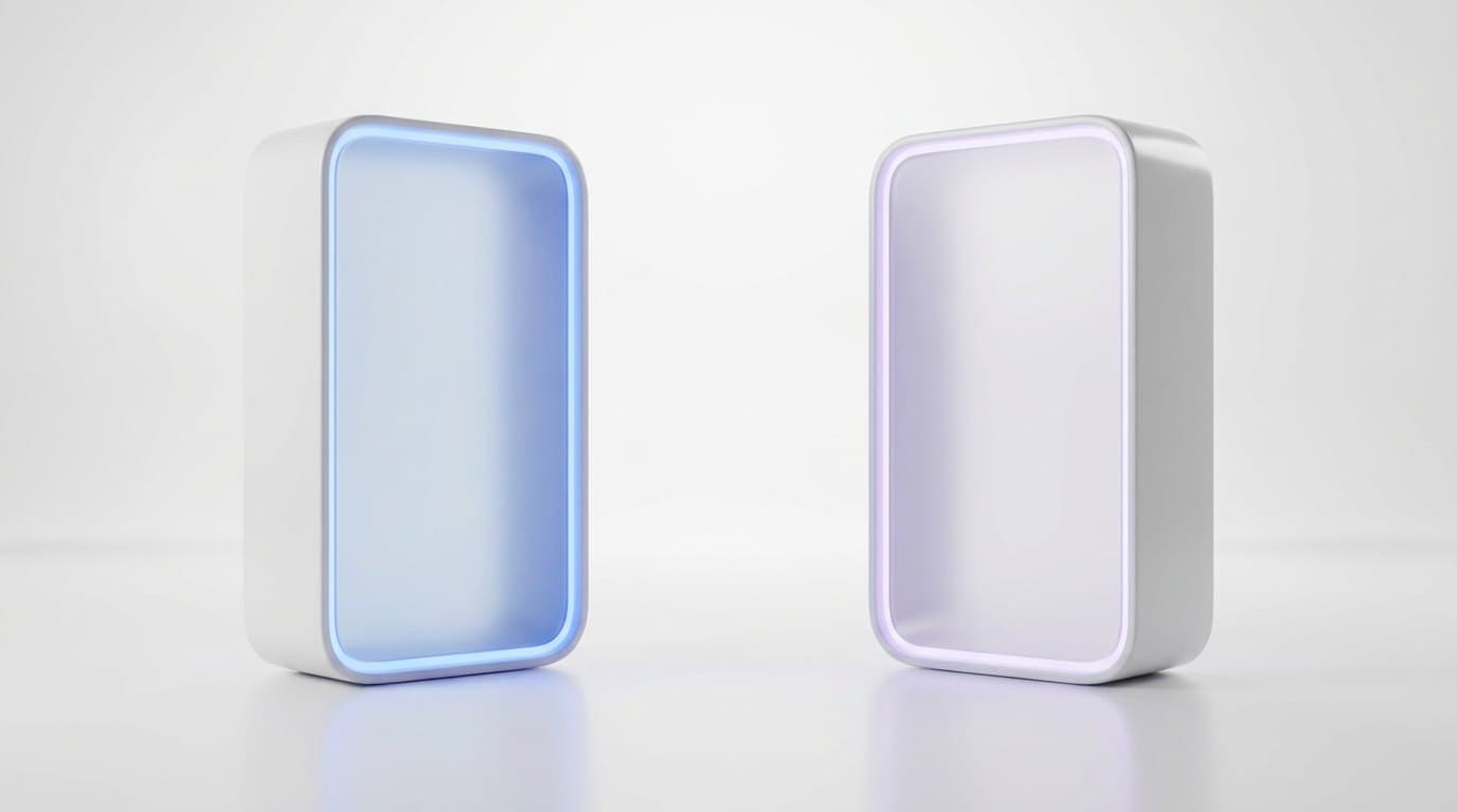 Two matte white ceramic monoliths facing each other, the left edged in electric blue light and the right in pale lavender