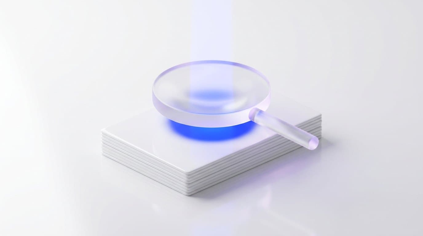 A frosted glass magnifying lens over a cobalt blue document stack on a bright white surface