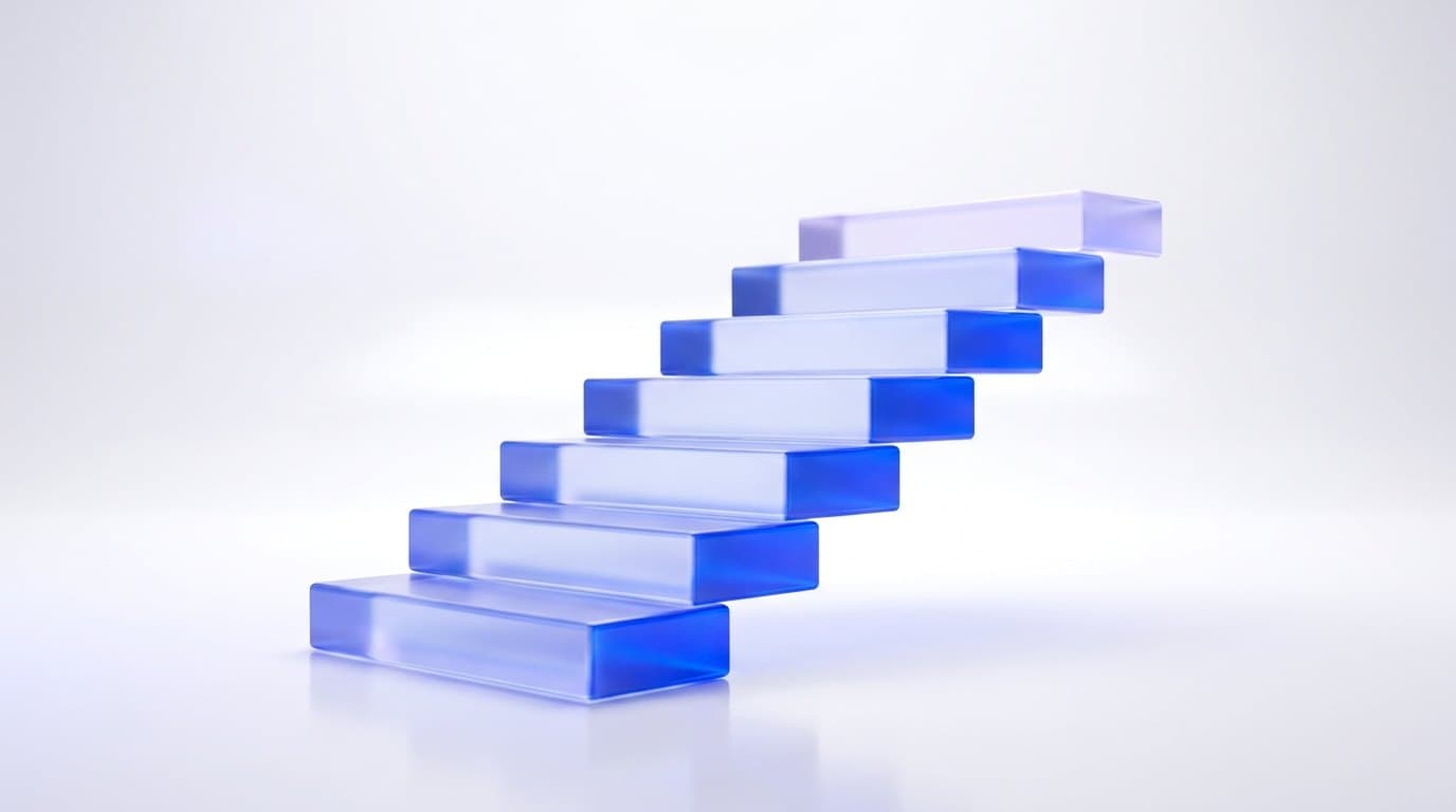 Seven cobalt blue ceramic blocks stacked into a staircase on a bright white studio background