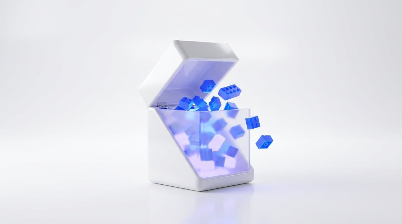 Un cubo de terminal de cerámica blanca que se abre como una caja y libera pequeños bloques azules iluminados