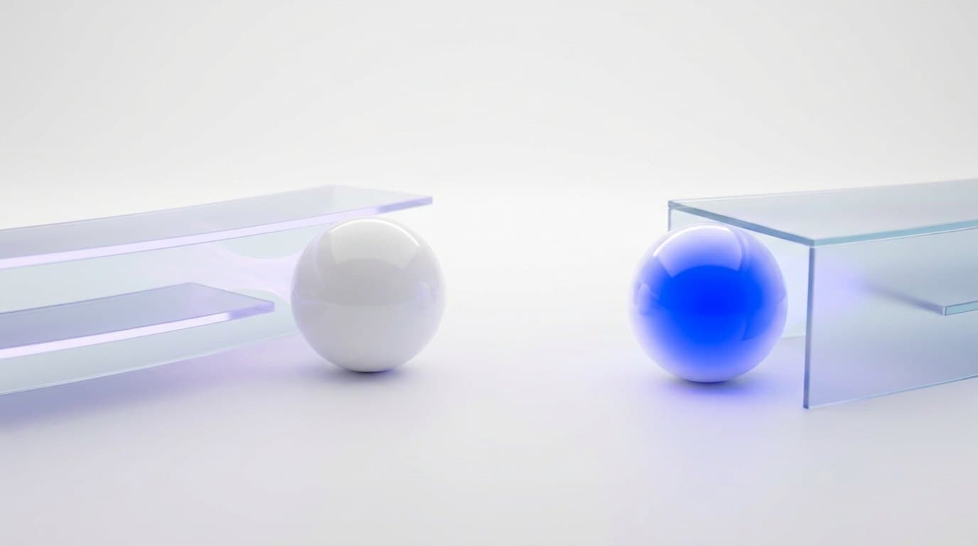 A white ceramic sphere fed by a frosted glass library shelf, and the same sphere glowing electric blue from within