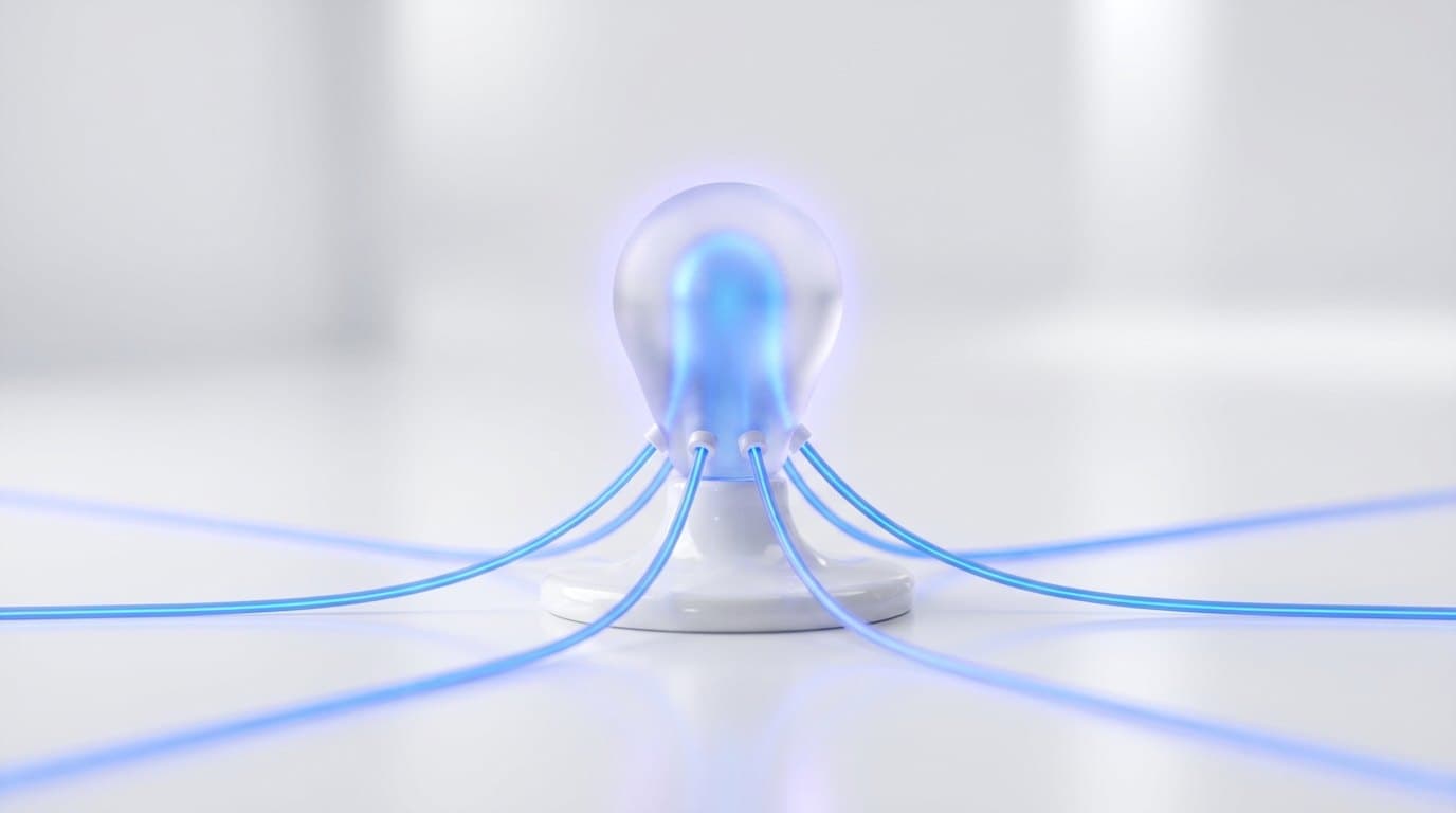 A single frosted glass node on a plinth with five glowing electric blue connector lines fanning out across a white surface