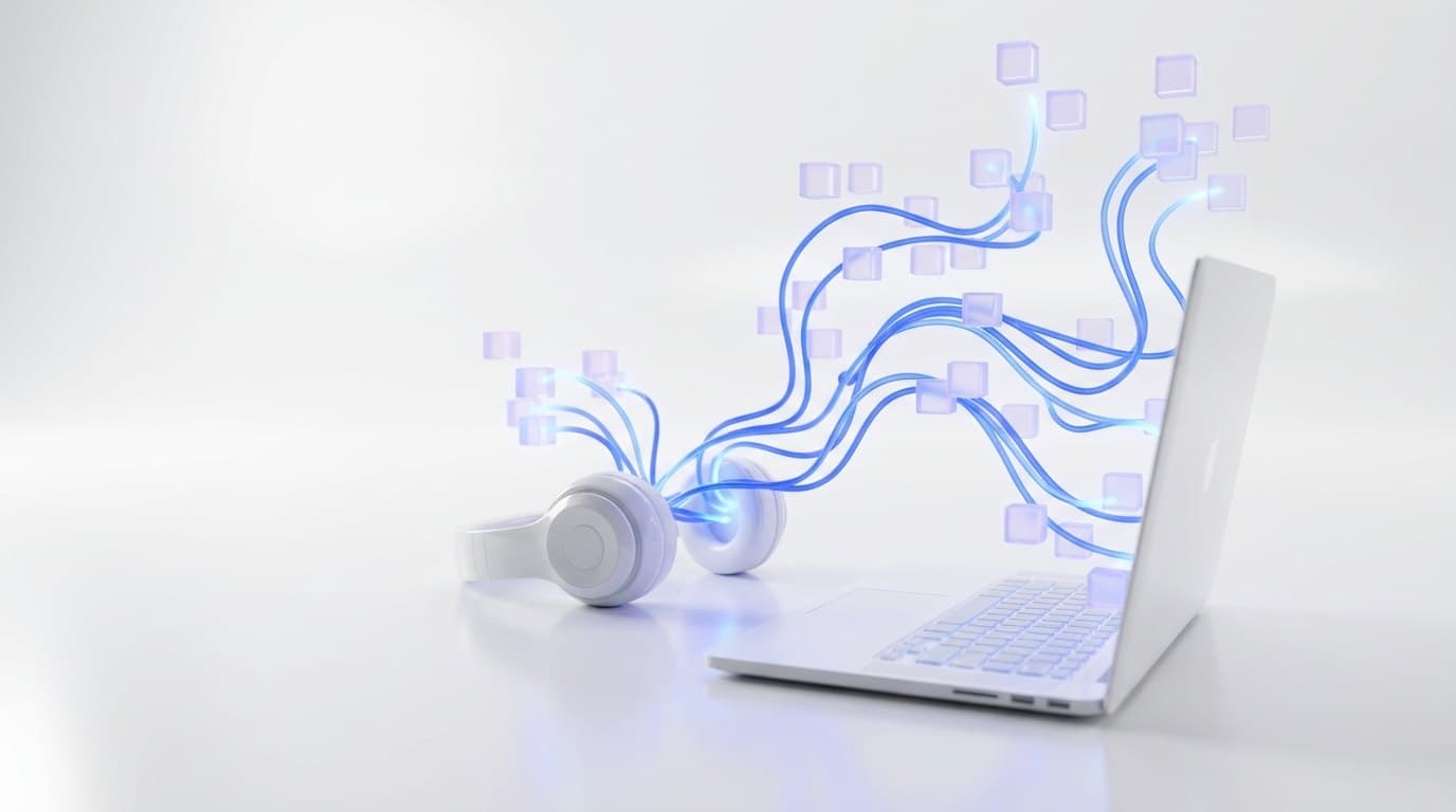 Headphones and a laptop on a white surface, with electric blue sound waves flowing out and turning into small glass code blocks