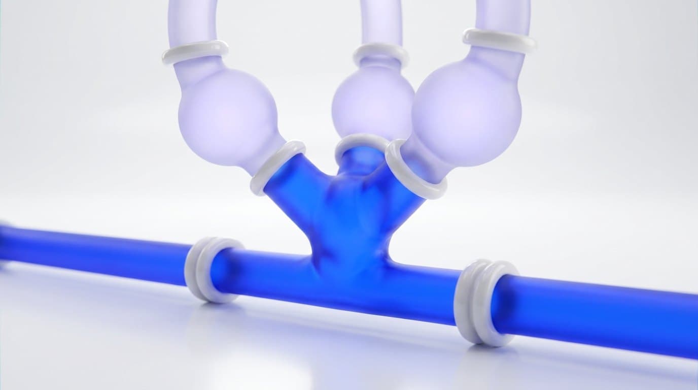 Cobalt blue pipes connecting three frosted glass nodes on a bright white studio surface