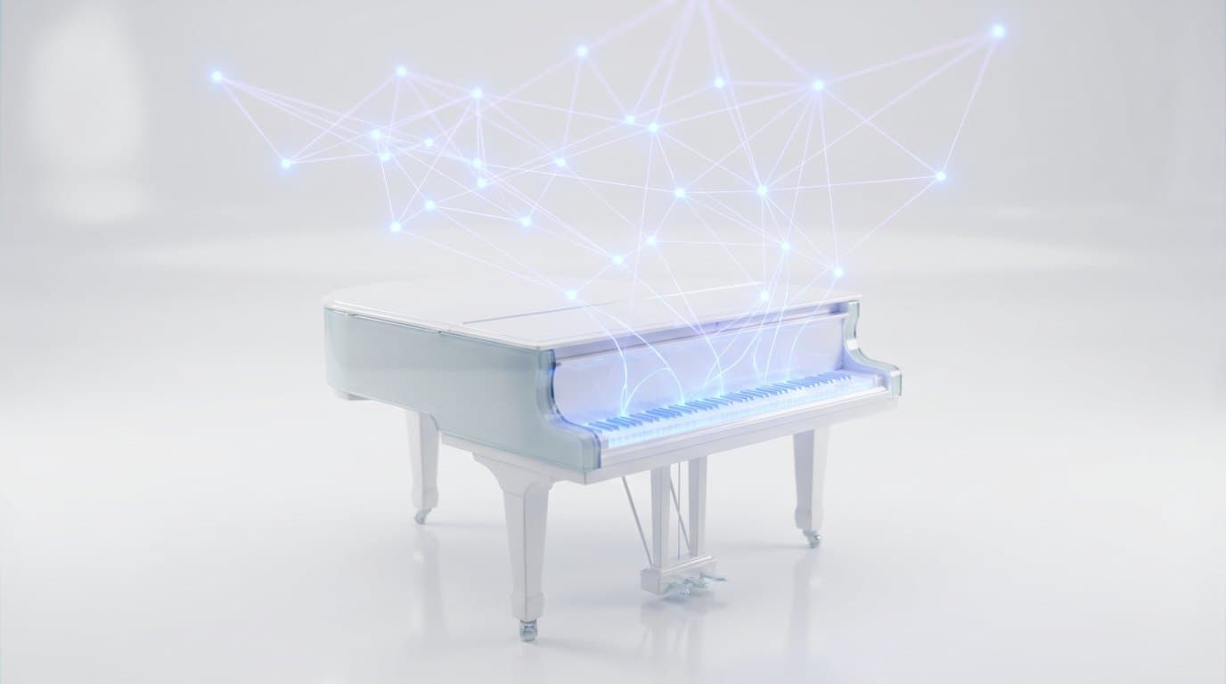A white grand piano whose keys release electric blue light that turns into a network of connected nodes