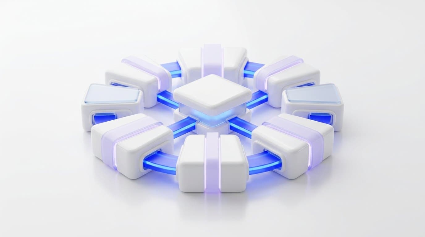 Siete módulos de cerámica blanca conectados por canales de luz azul cobalto sobre una superficie clara