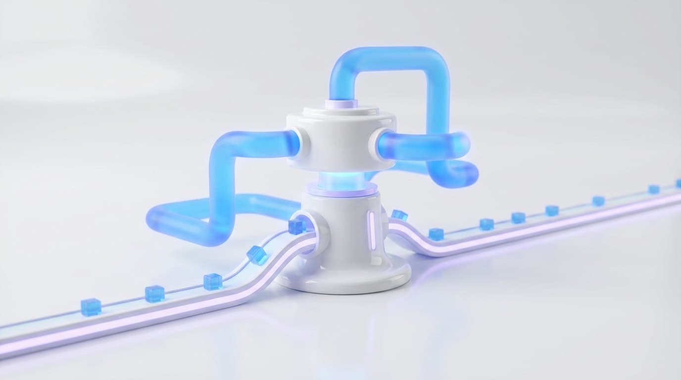 Glowing electric blue glass pipes feeding a white ceramic machine that moves small cubes along a track