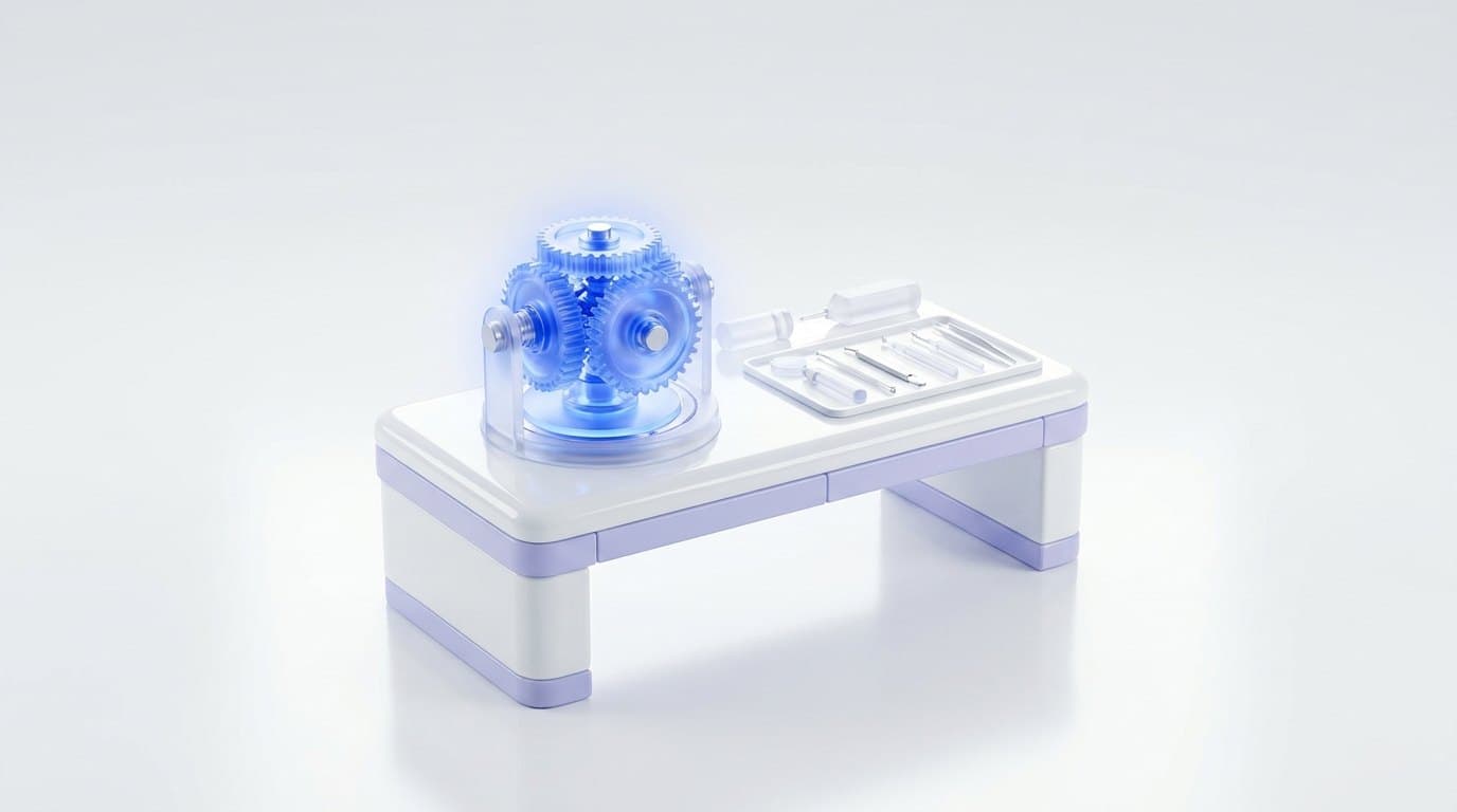 A small white ceramic workshop bench with a glowing electric blue gear assembly on top