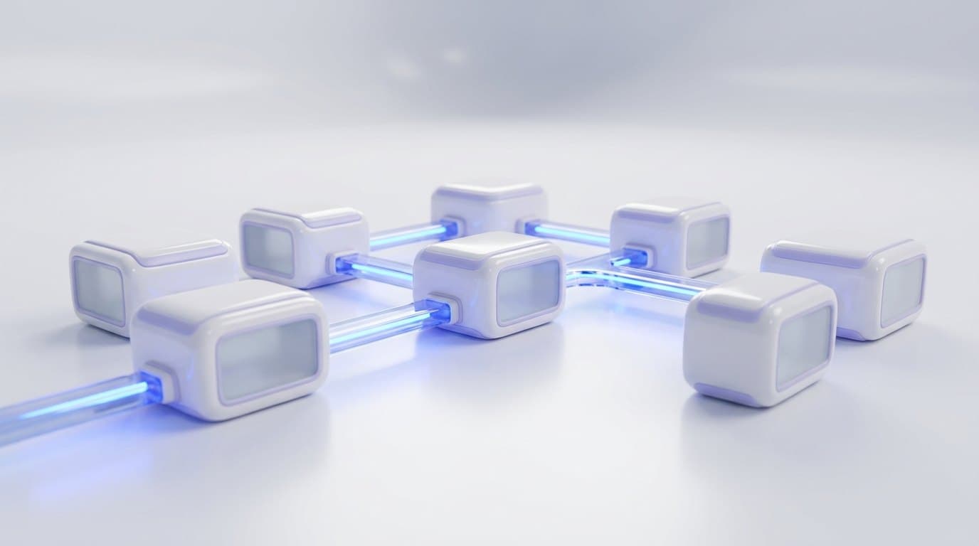 Seven white ceramic modules connected by glowing electric blue channels on a bright studio surface