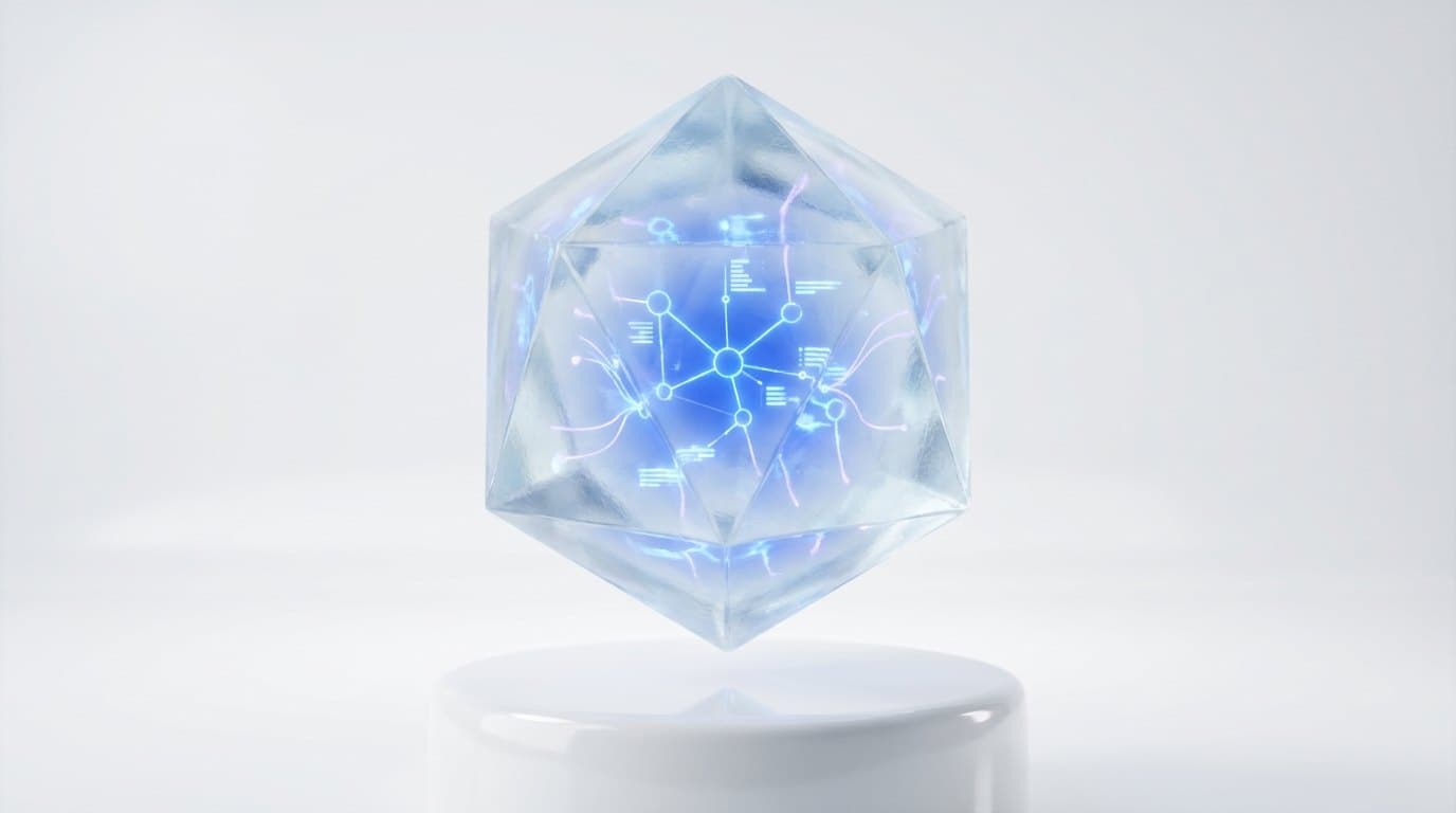 A vault carved from frosted glass with a glowing electric blue knowledge graph suspended inside