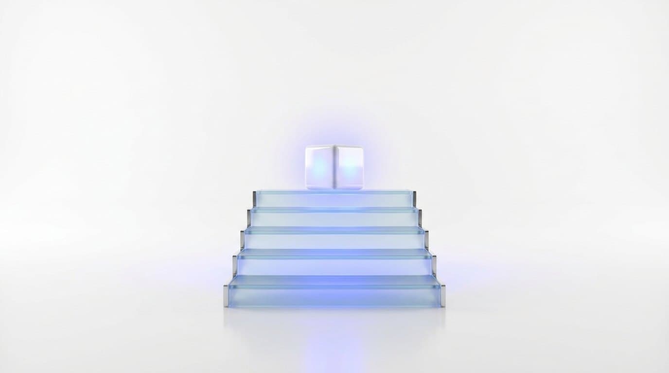 Frosted glass steps ascending toward a small white terminal cube glowing blue