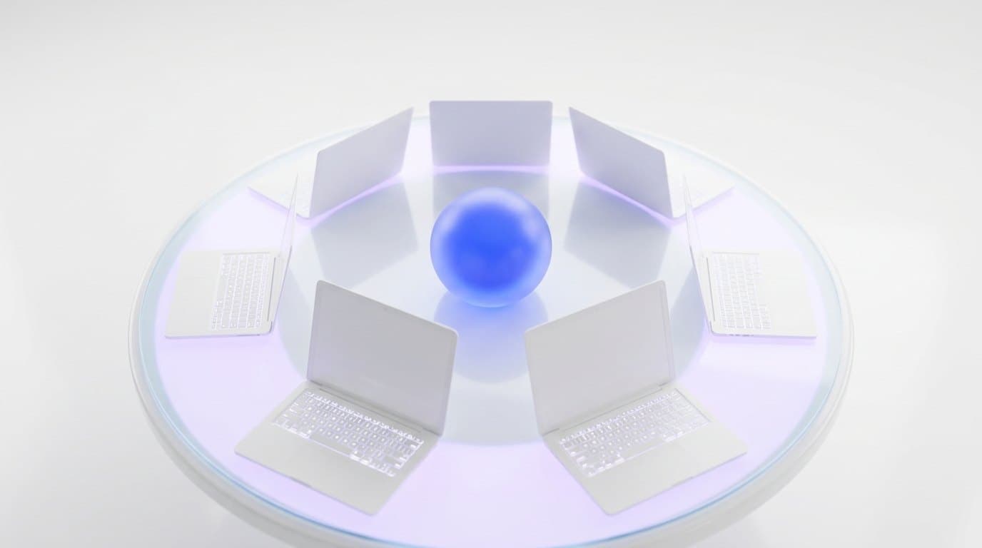 A workshop table seen from above with white laptops arranged around a glowing electric blue orb